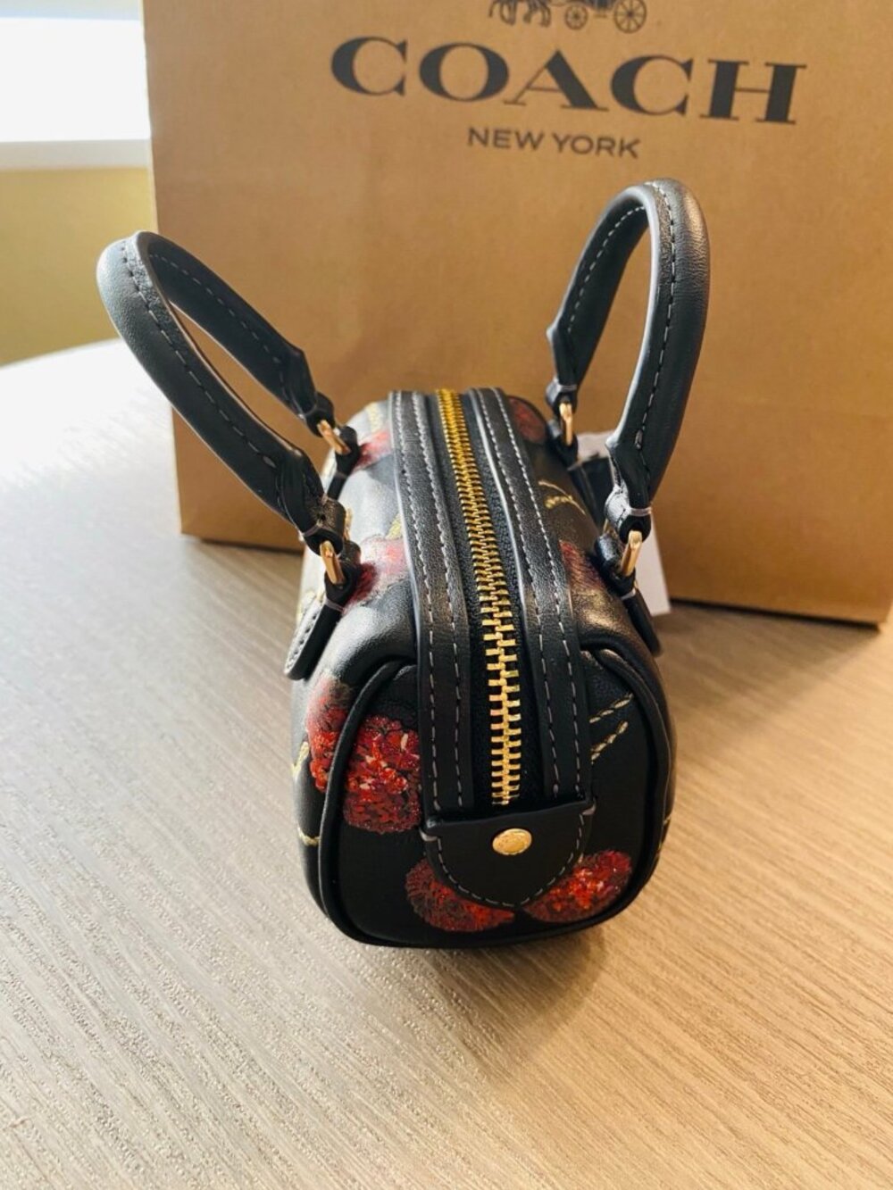 COACH CDB17 Mini Rowan Bag Charm Cherry Print Smooth Leather Gold/Black Multi - Picture 5 of 6